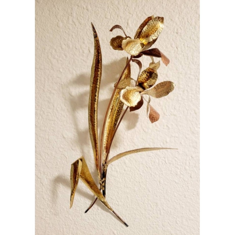 Metal Gold Copper Tone Flower Wall Hanging 3D Art Sculpture Vintage MCM Retro